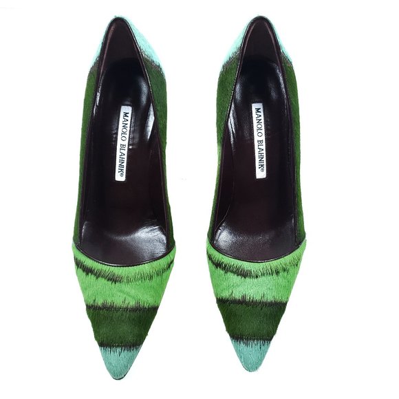 Manolo Blahnik Green Striped Animal Fur Pumps Heel - Picture 3 of 8